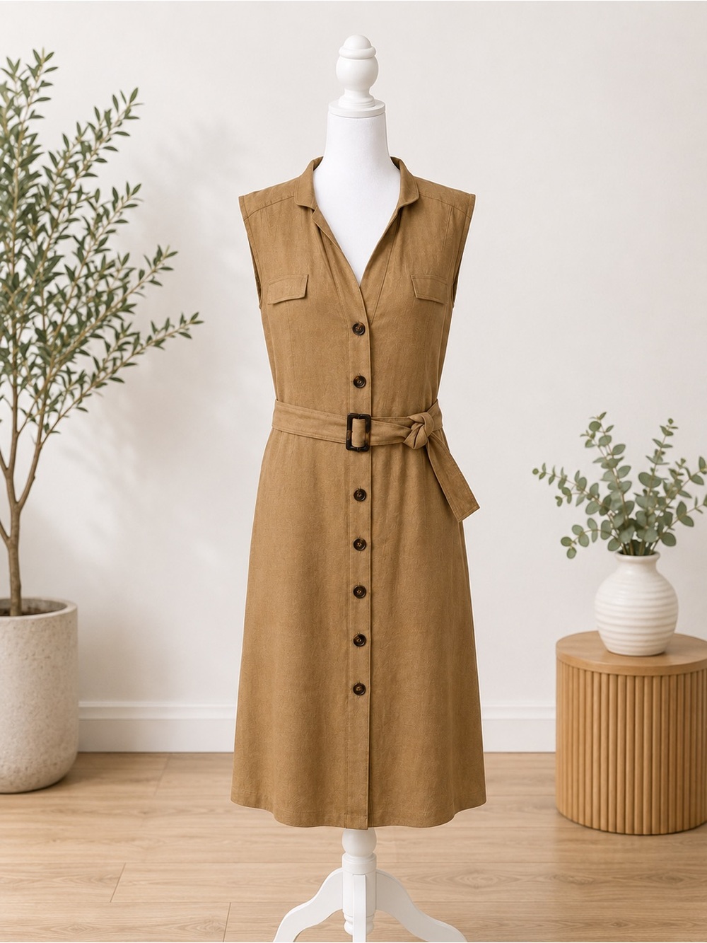 Chico's Sleeveless Belted Midi Dress in Camel Brown